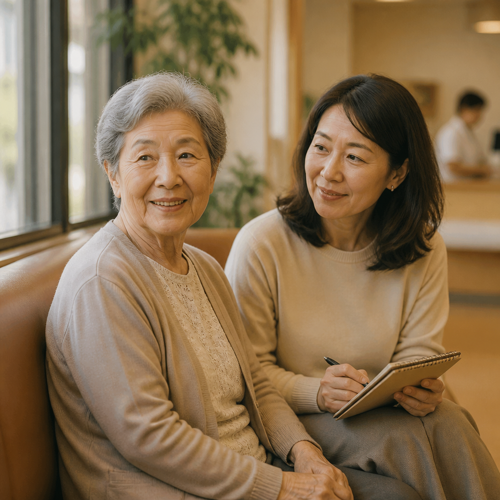 診察室の前で話す高齢女性と娘