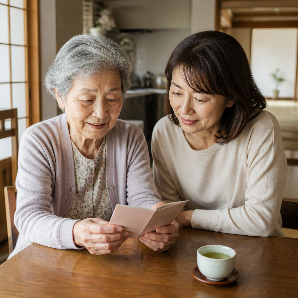 母娘が薬手帳を一緒に確認する穏やかなシーン
