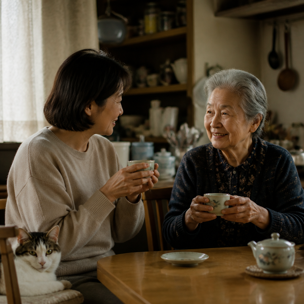 母娘が食卓でお茶を飲みながら語らう様子