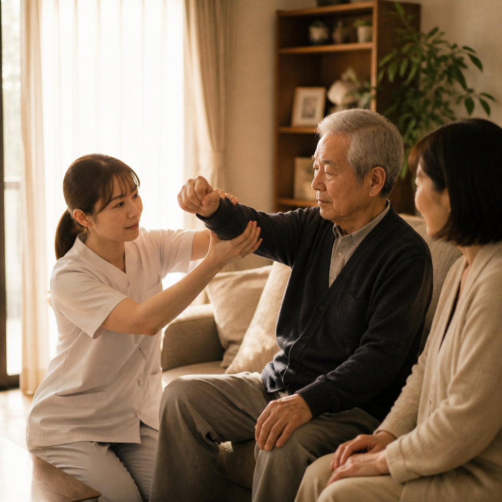 自宅でリハビリを受ける高齢男性と見守る家族