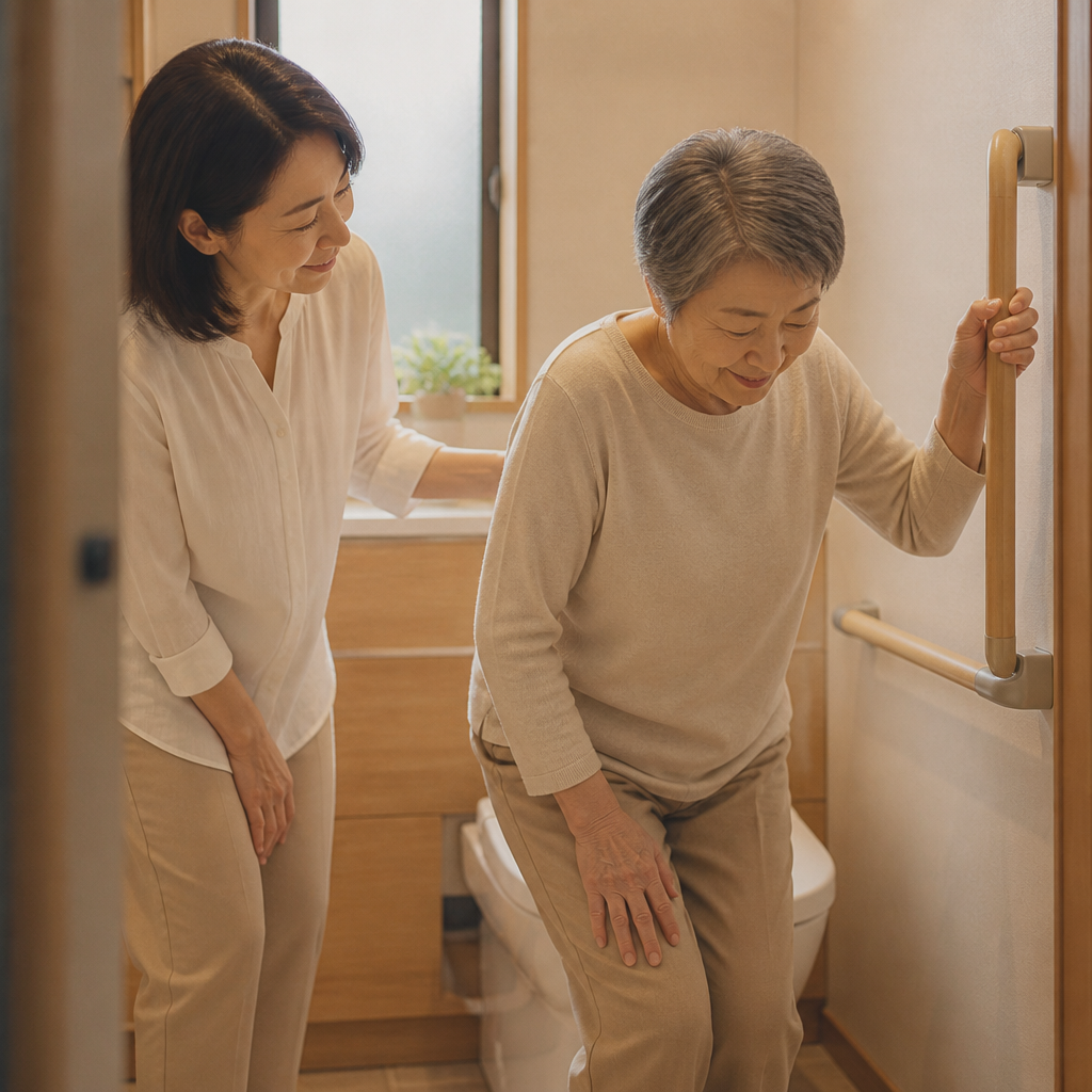 手すりを使って立ち上がるお年寄りと寄り添う家族