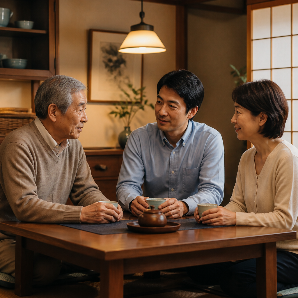 家族が卓を囲んで、これからの介護について話し合う場面
