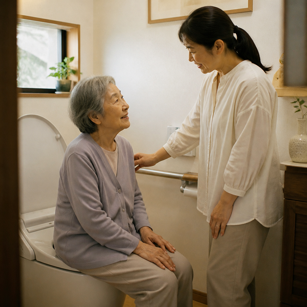明るいトイレで娘に寄り添われる高齢女性