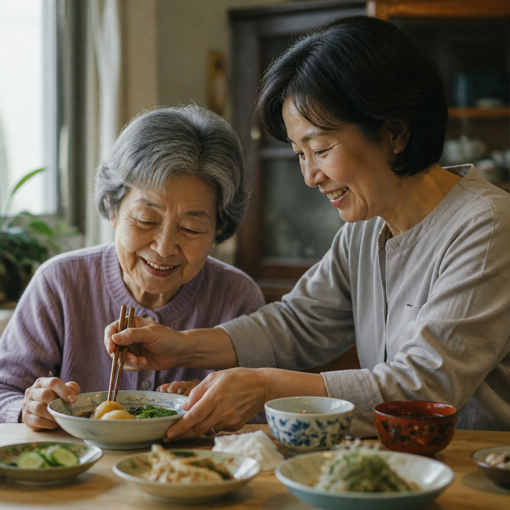食卓で食事を介助する家族の温かな風景