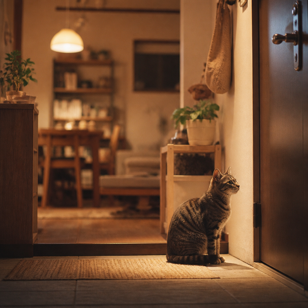 玄関近くでくつろぐ猫のいる暮らし