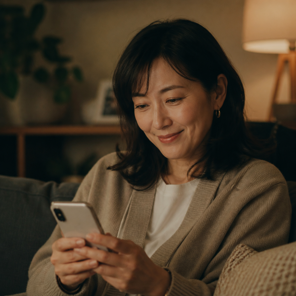 スマートフォンを見て安心する中年女性