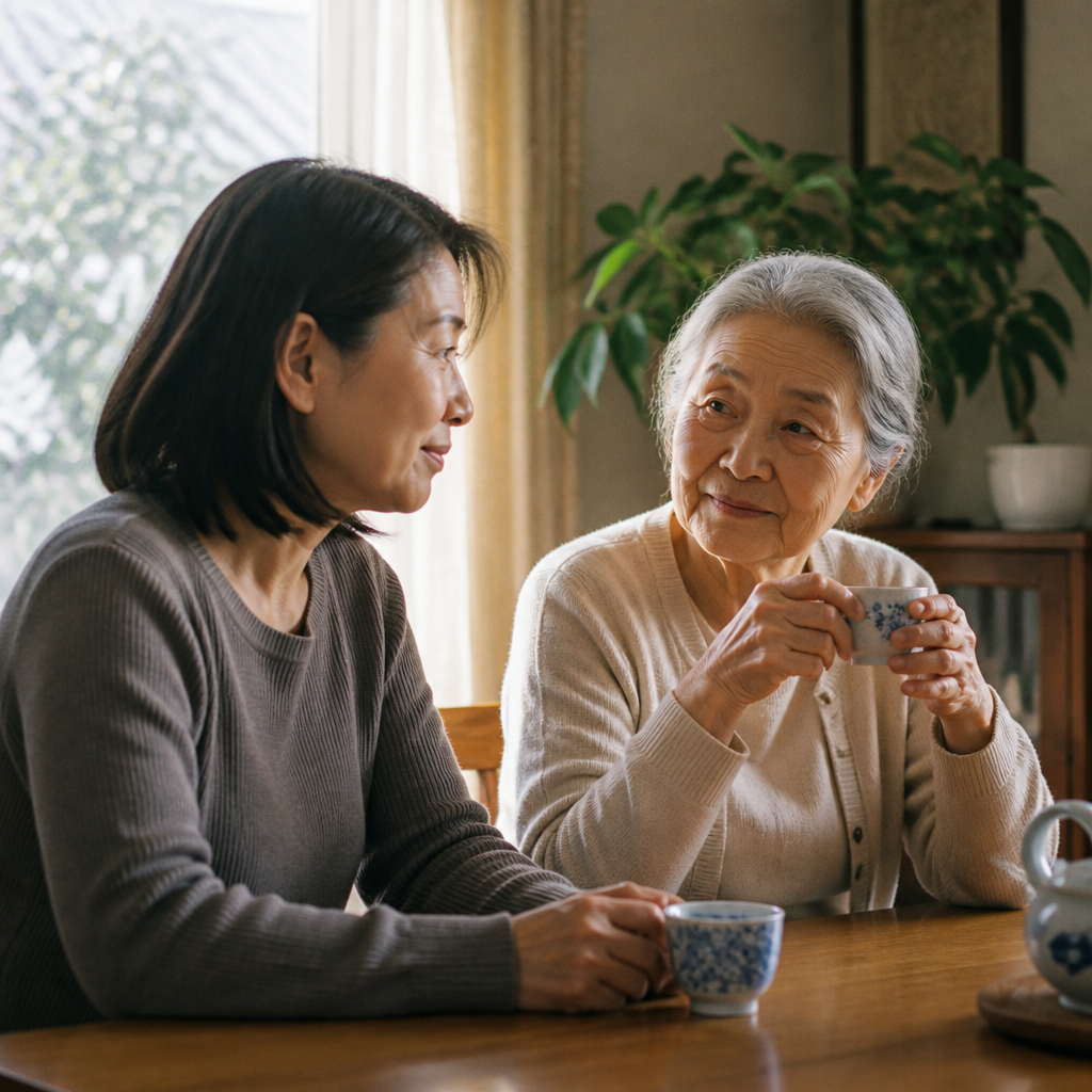 自宅で穏やかに話す高齢の母と娘