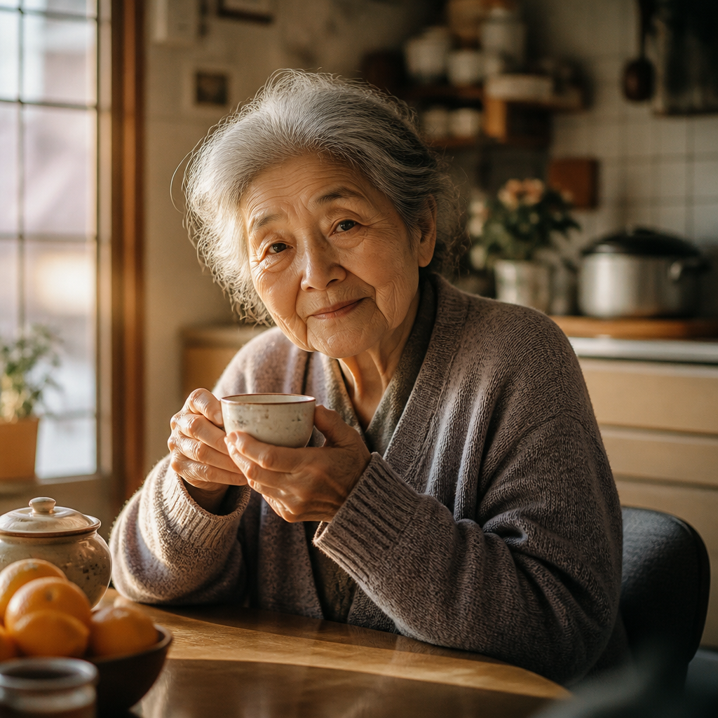 自宅でお茶を飲む穏やかな高齢女性