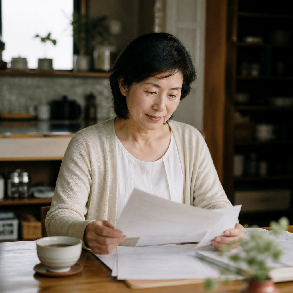 書類を確認して安心する日本人女性