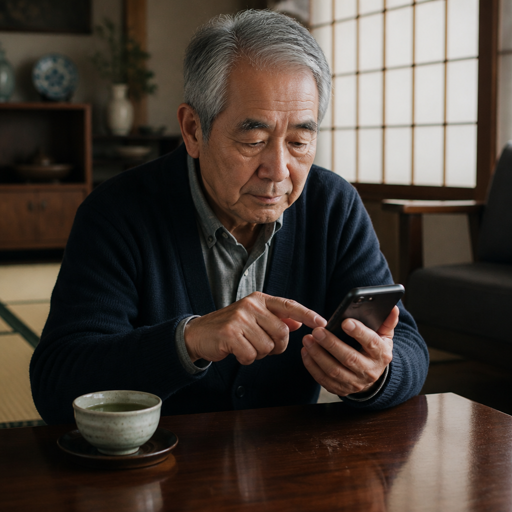 高齢男性がスマホをゆっくり操作しているシーン