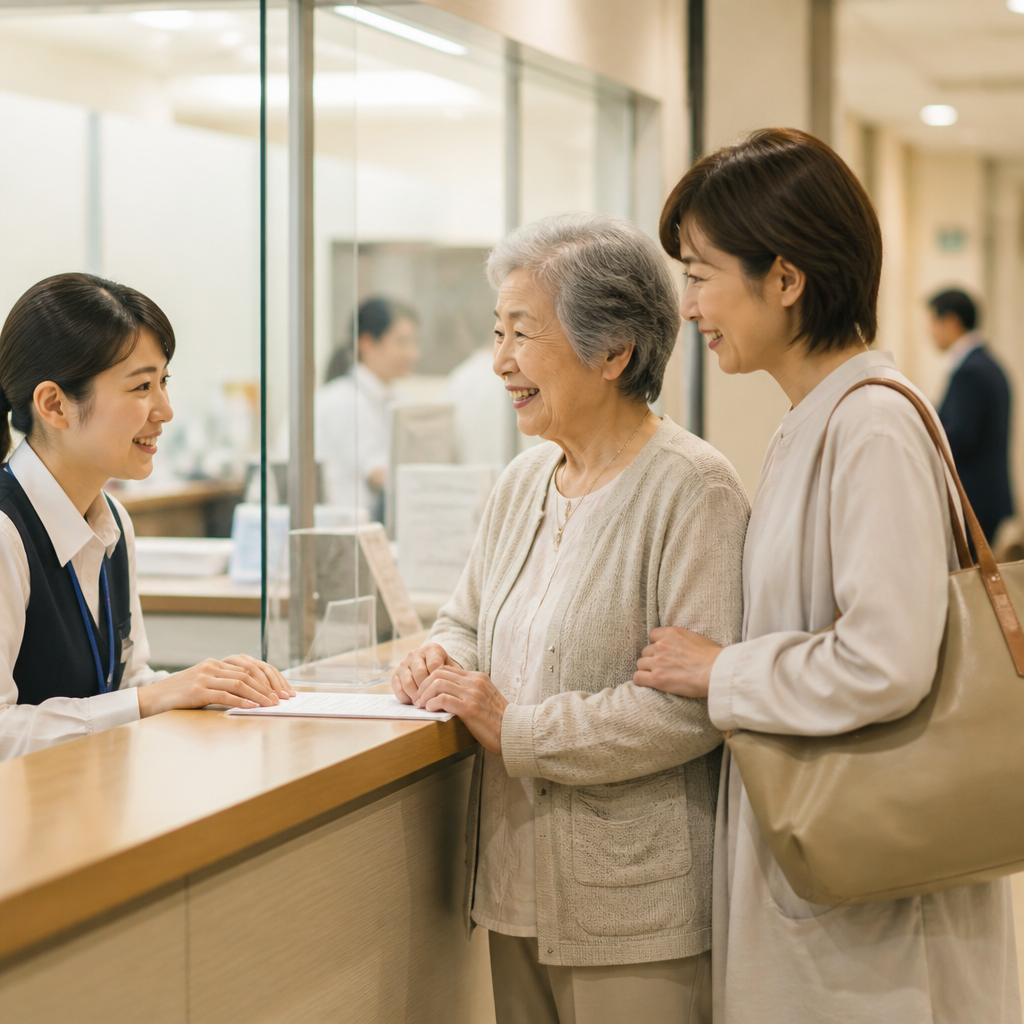 市区町村窓口で手続きをする親子の様子