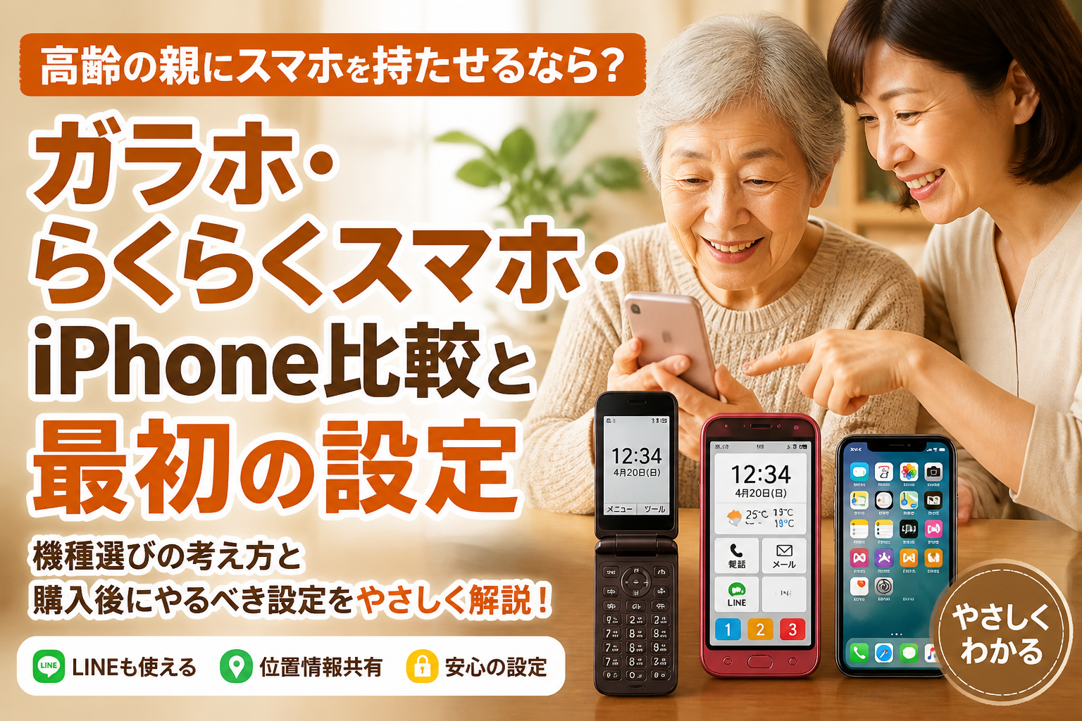 高齢の親にスマホを持たせるなら？らくらくスマホ・iPhone・ガラホの選び方と初期設定