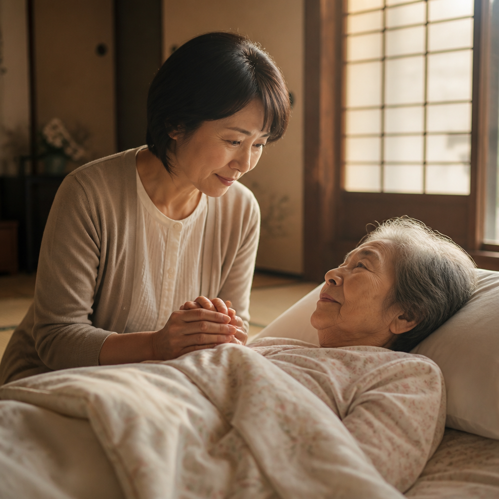 高齢の母の手をそっと握る娘