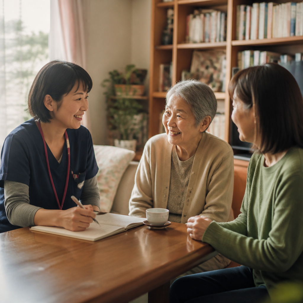 自宅で話し合う訪問看護師と家族