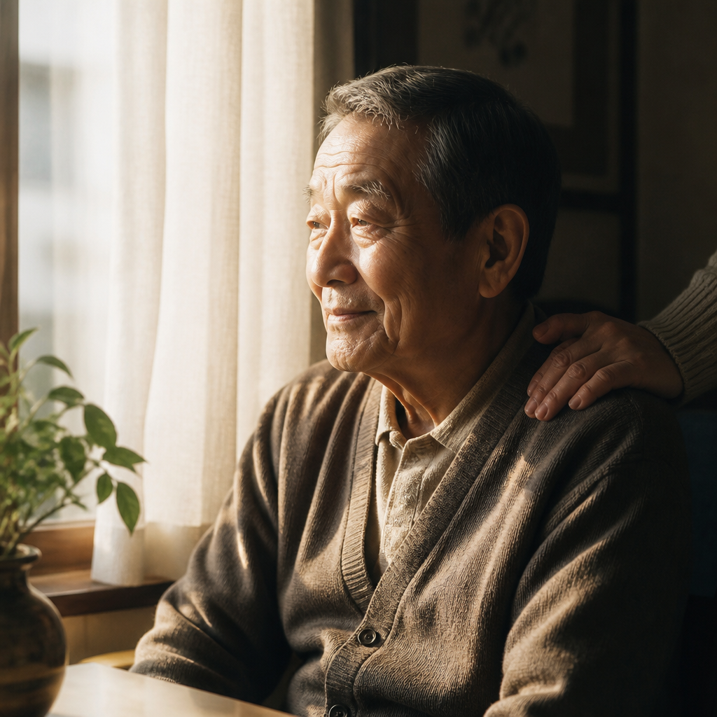 自宅の窓辺で穏やかに過ごす高齢者と家族