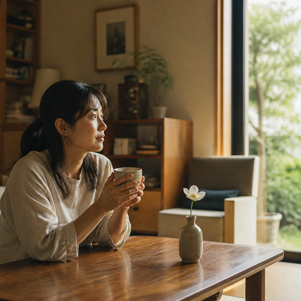 穏やかな光の中でお茶を飲む女性