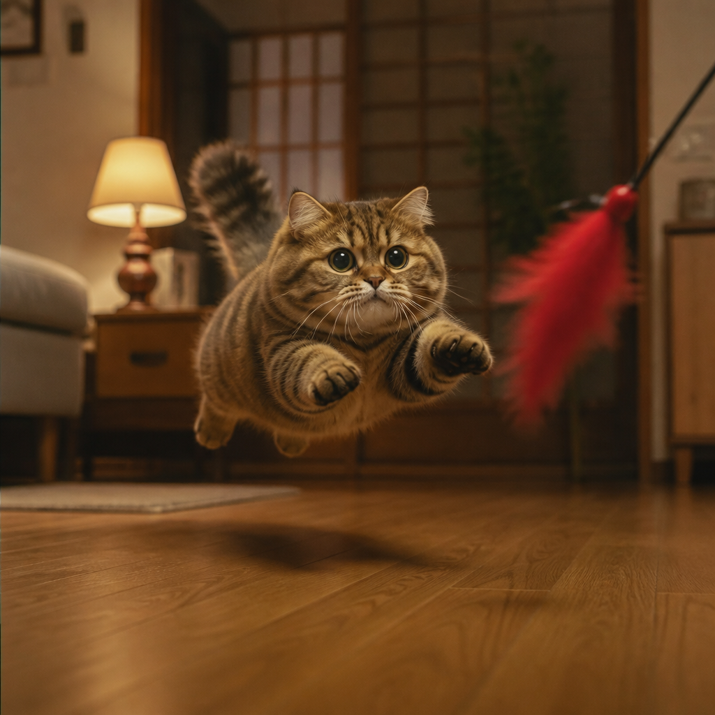 赤い羽のじゃらしに飛びつくマンチカン猫