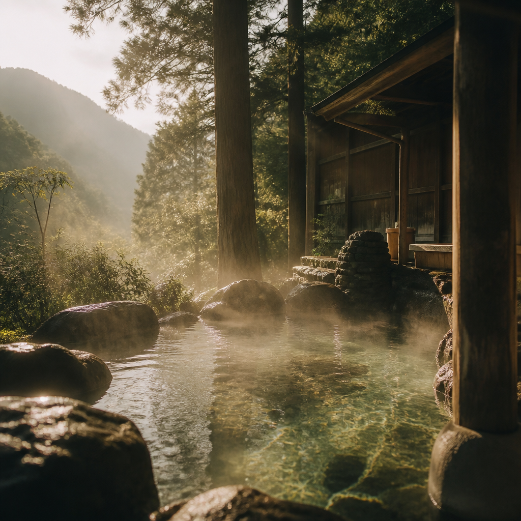 山梨の山奥にひっそりと佇む温泉の湯けむり