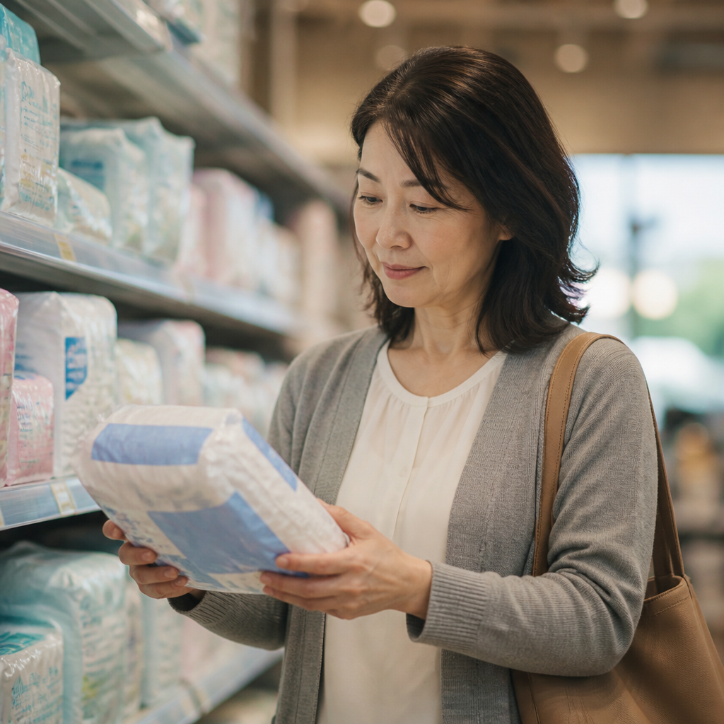 ドラッグストアの売り場で商品を手に取る女性