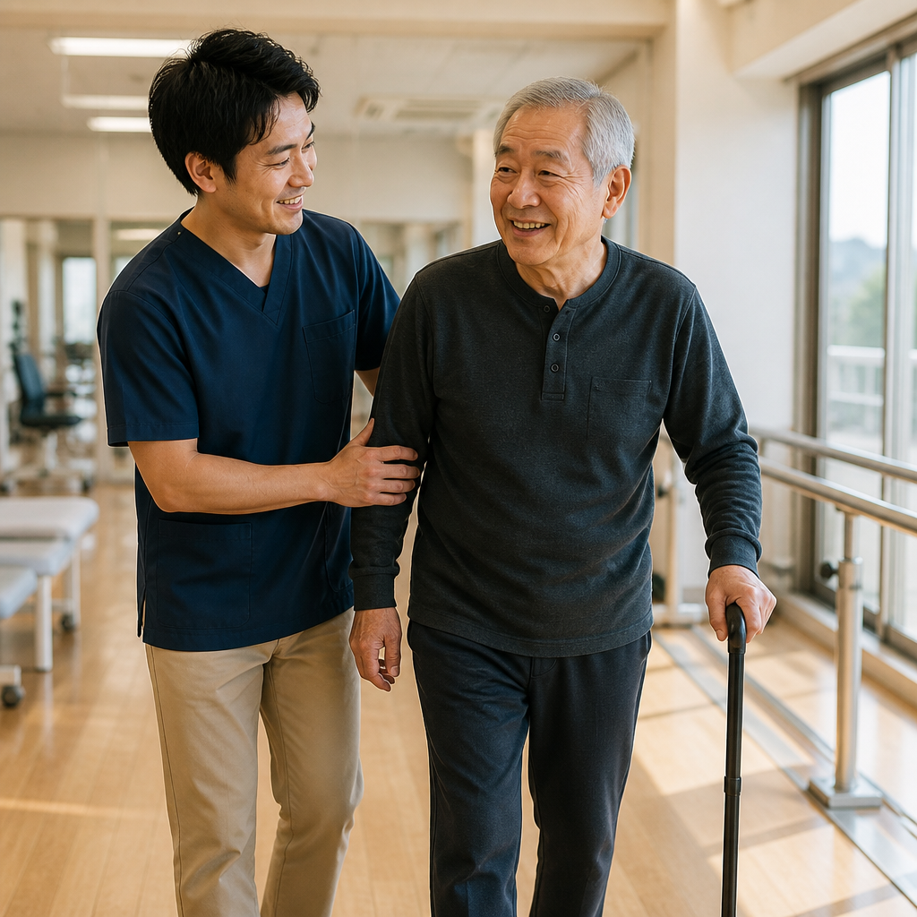 理学療法士と歩行リハビリに取り組む高齢男性
