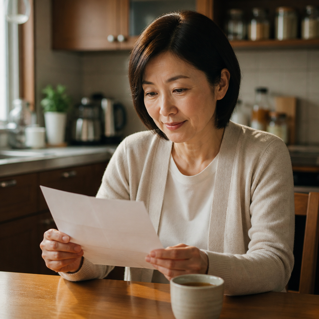 書類を見て安心する日本人女性