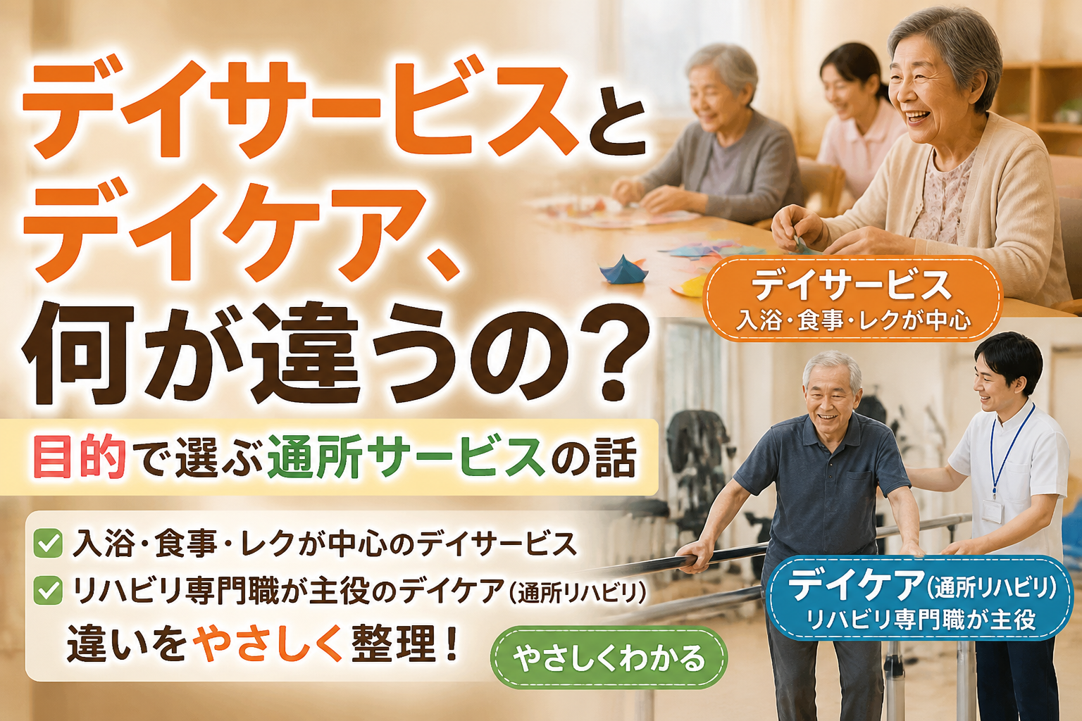 デイサービスとデイケア、何が違うの？目的で選ぶ通所サービスの話