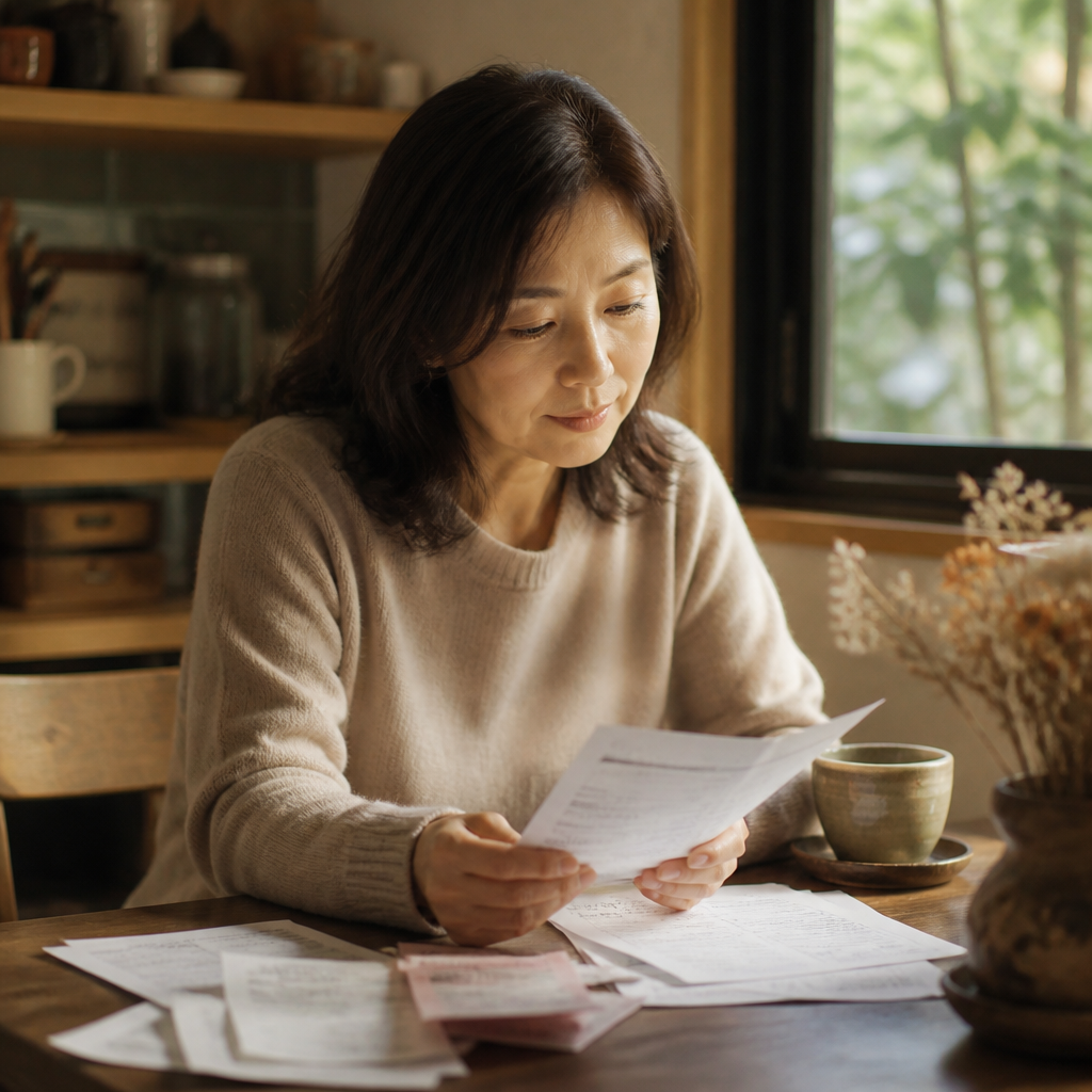 自宅のテーブルで書類を確認する女性