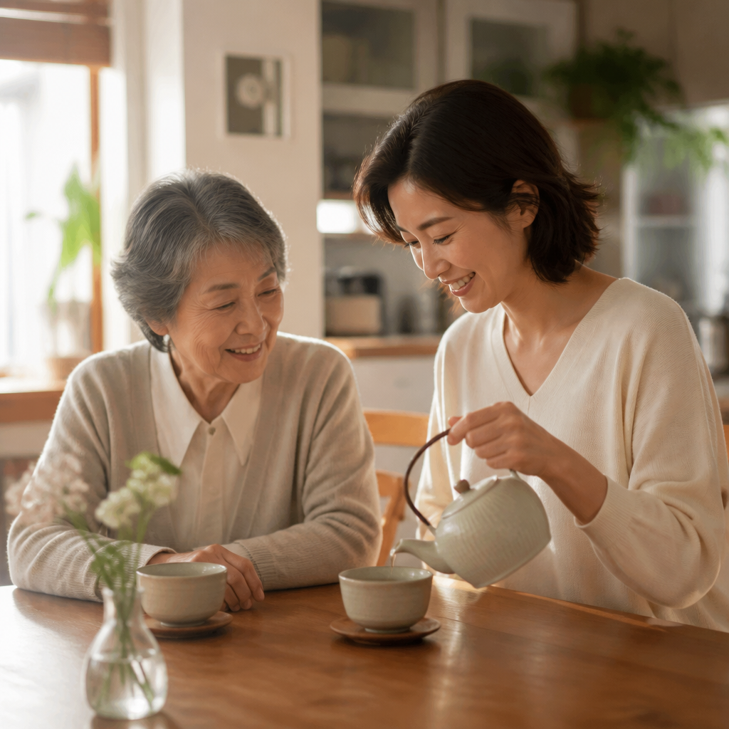 母娘が穏やかにお茶を飲む朝の風景