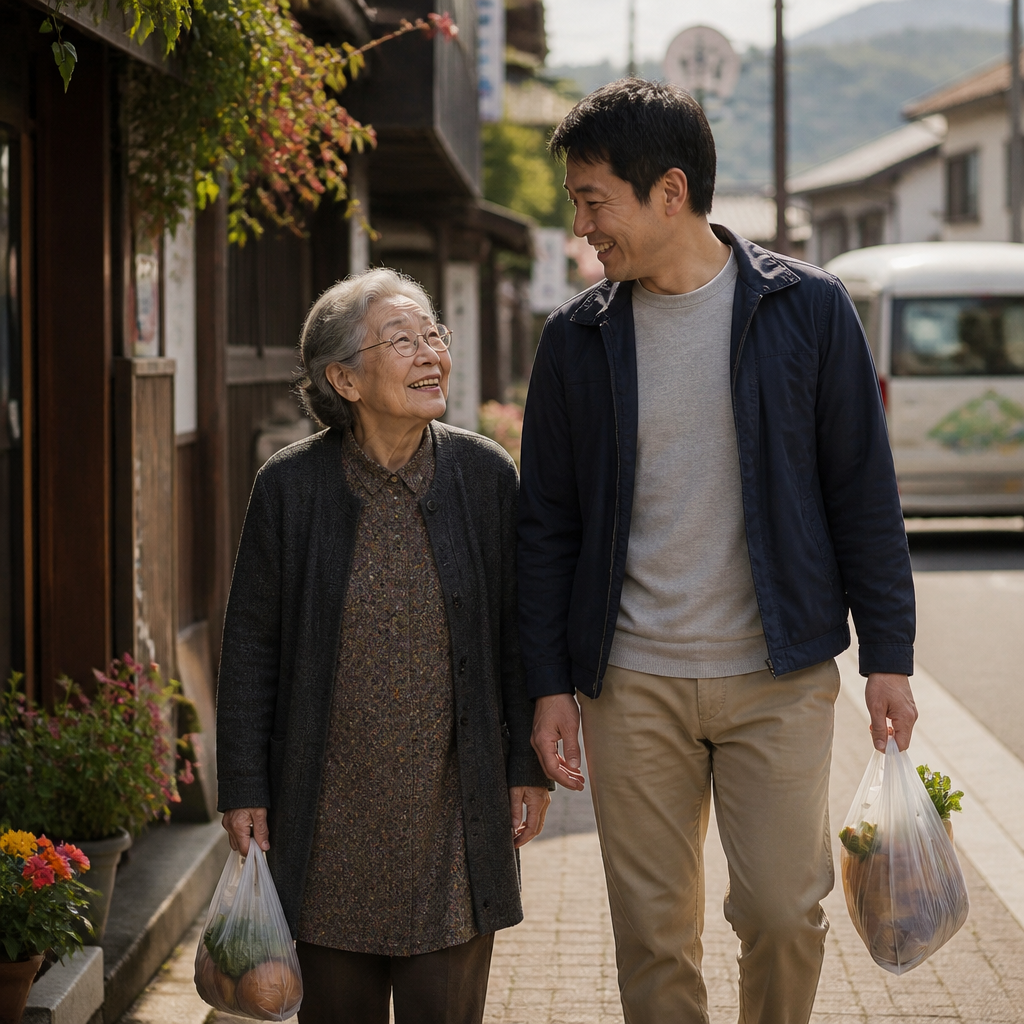 息子と並んで歩く高齢の母、穏やかな日常