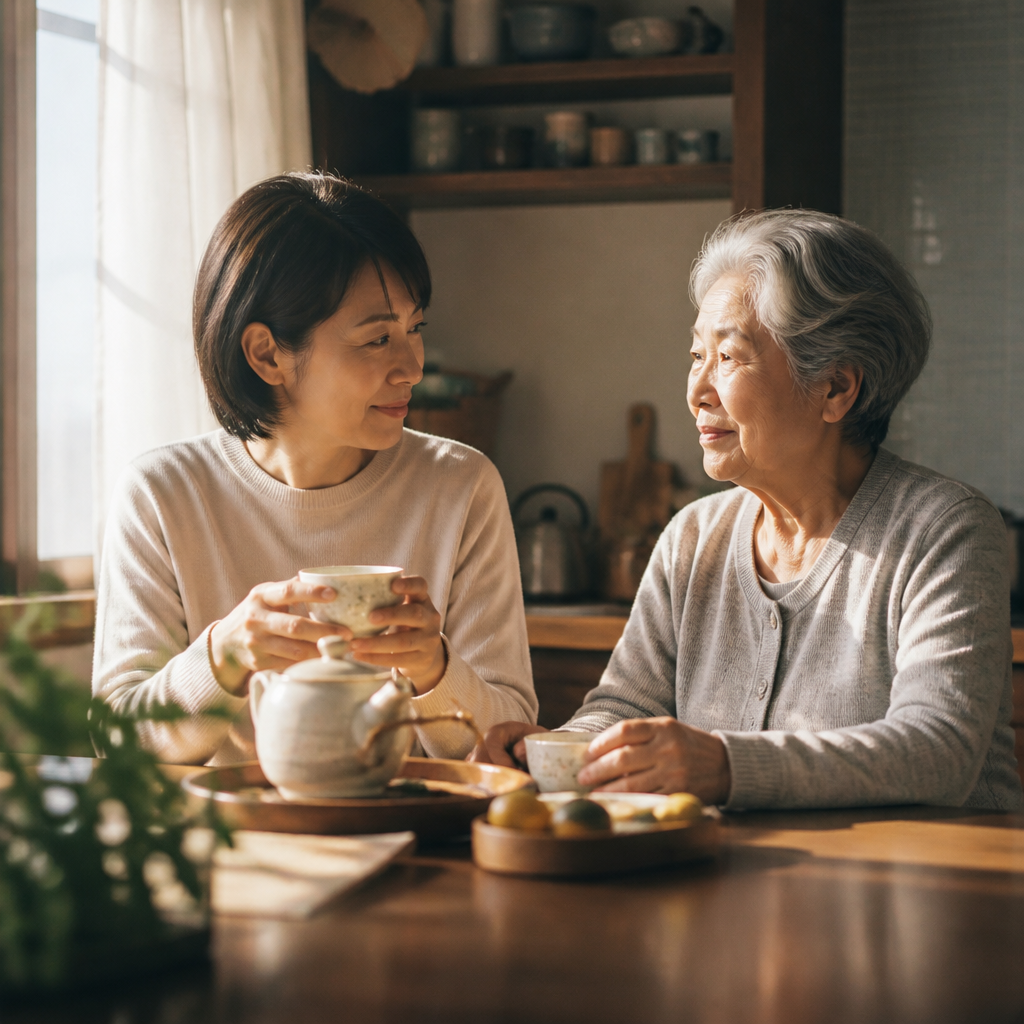 母娘が穏やかにお茶を飲みながら話す朝の風景