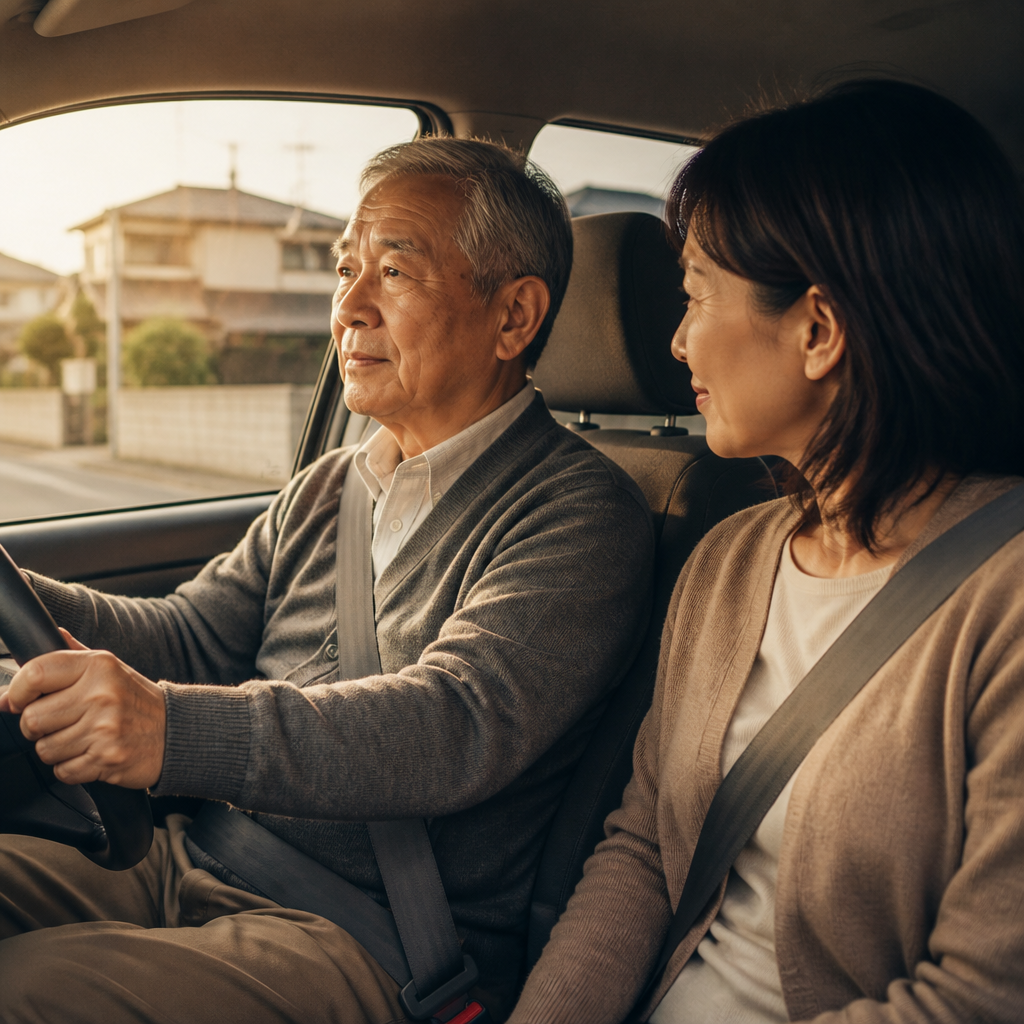 車内で穏やかに話す高齢の父と娘