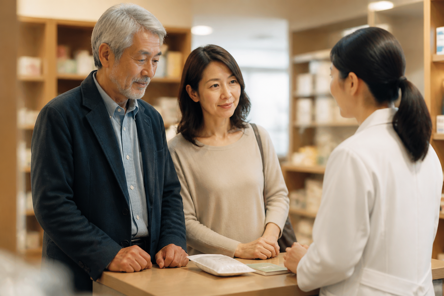 薬局で薬剤師と話す親子