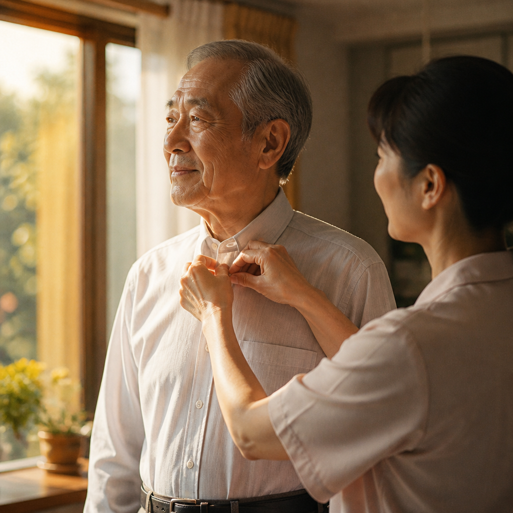 穏やかな午後、介助を受けながら支度する高齢男性
