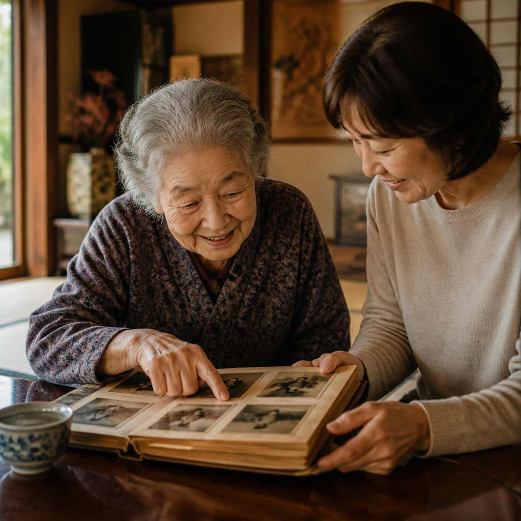 祖母と娘が古いアルバムを一緒に眺める温かな場面