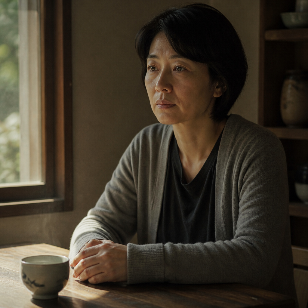 朝の光の中、静かにたたずむ女性