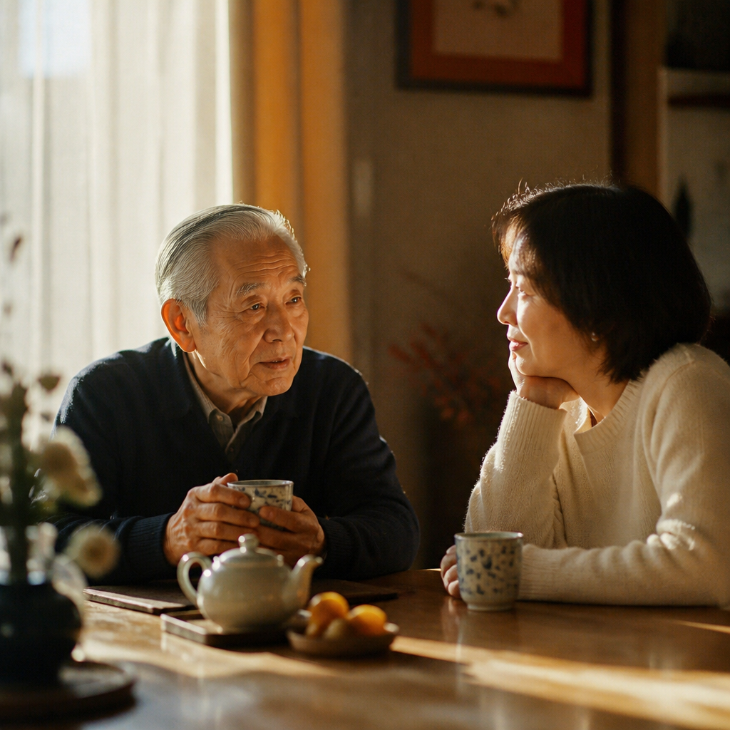 父と娘が食卓で穏やかにお茶を飲むひとときのシーン