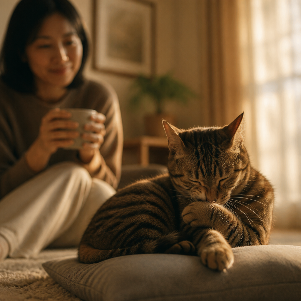 満足そうに毛づくろいする猫と傍らの人