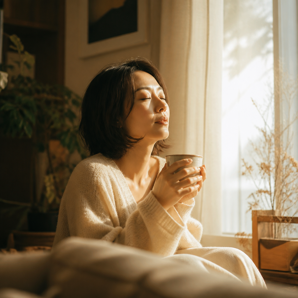 窓辺で温かいお茶を両手で包む女性