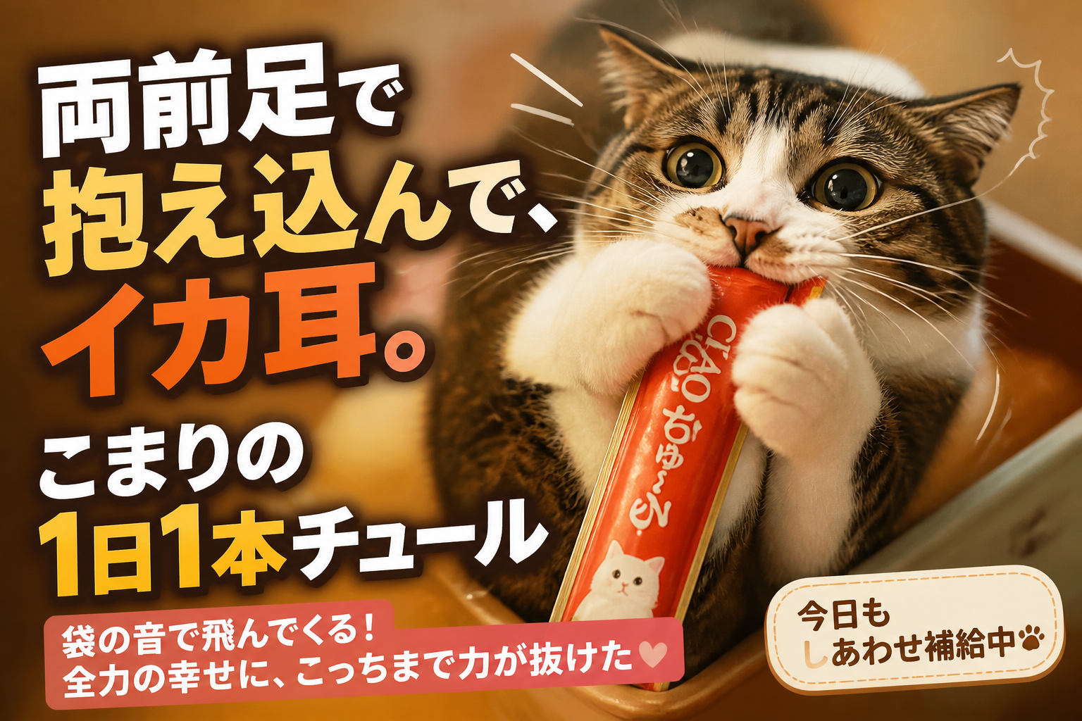 チュールを食べるとイカ耳になる猫。こまりの1日1本の幸せ