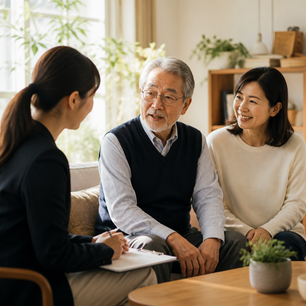 家族が介護の希望を穏やかに話し合っている温かい場面