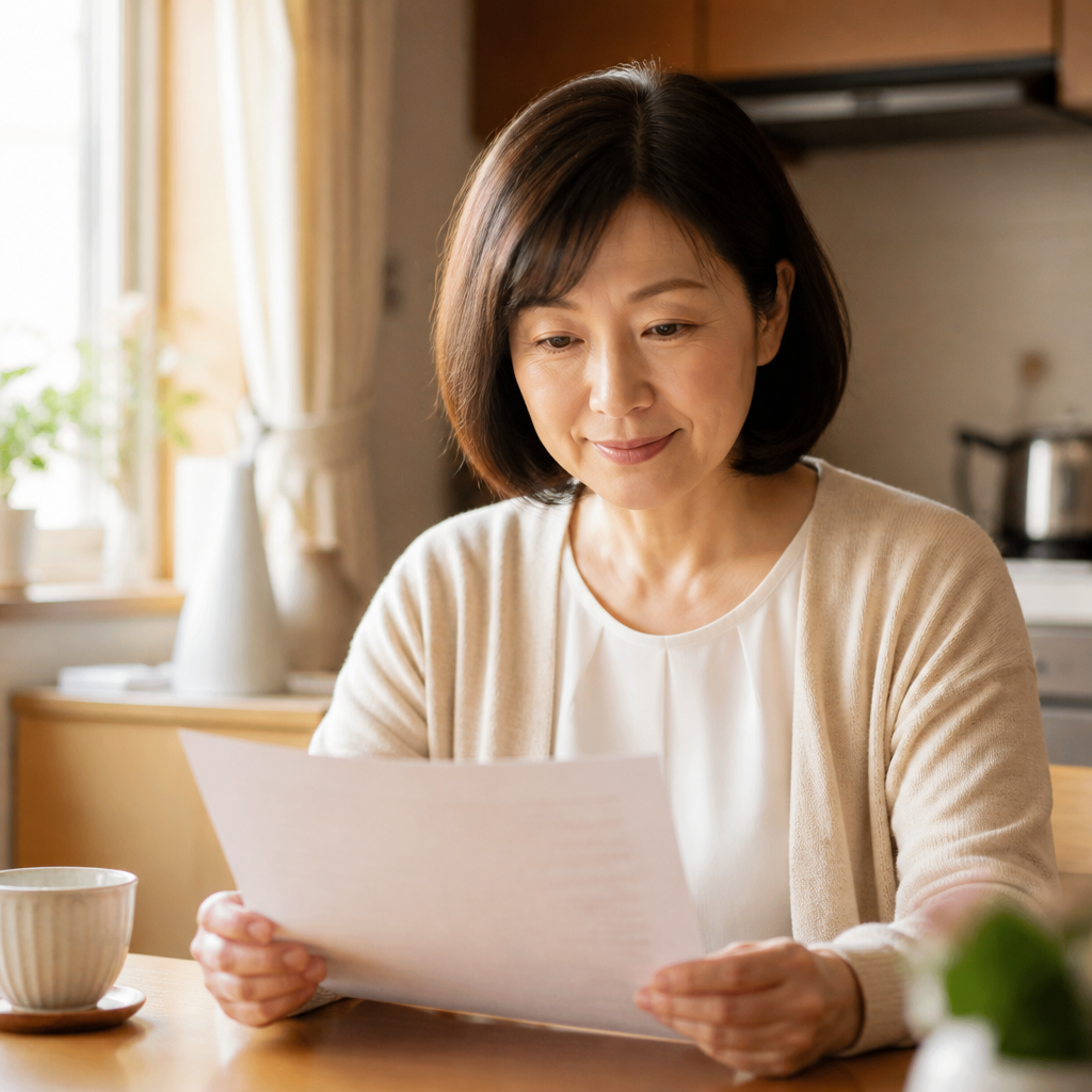 書類を確認する中年女性の穏やかな表情