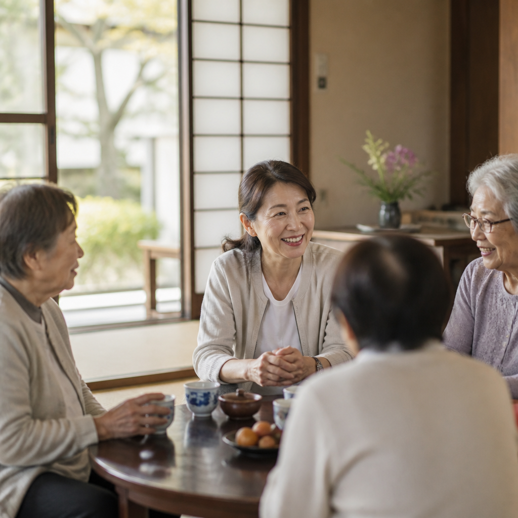 地域サロンでお茶を飲みながら語らう高齢者たち