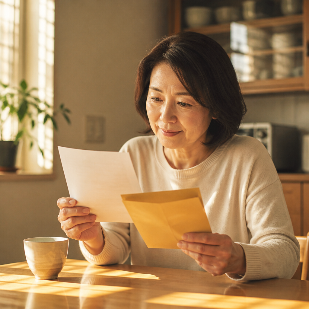 封筒を手に通知書を読む女性