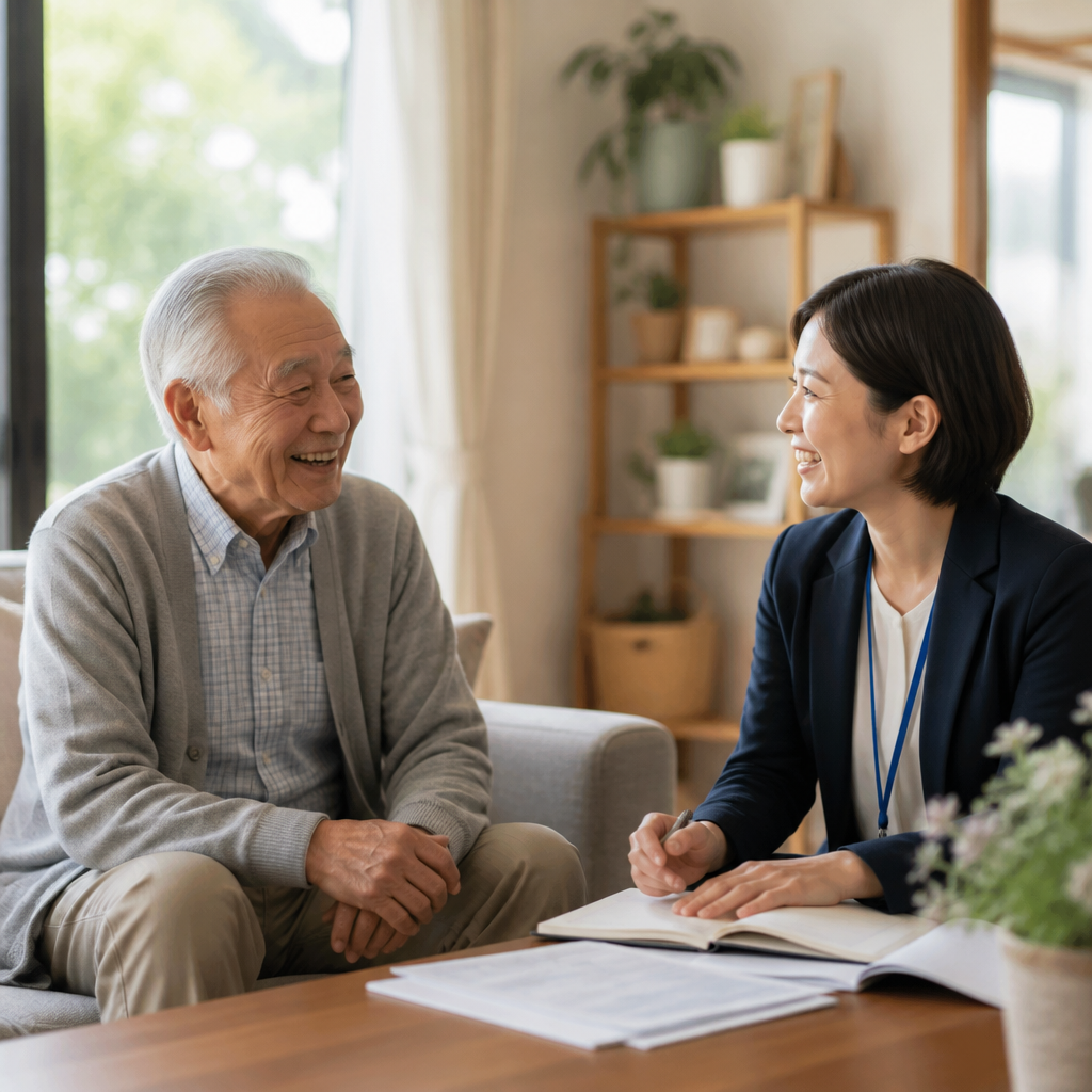 担当者と穏やかに話す高齢男性
