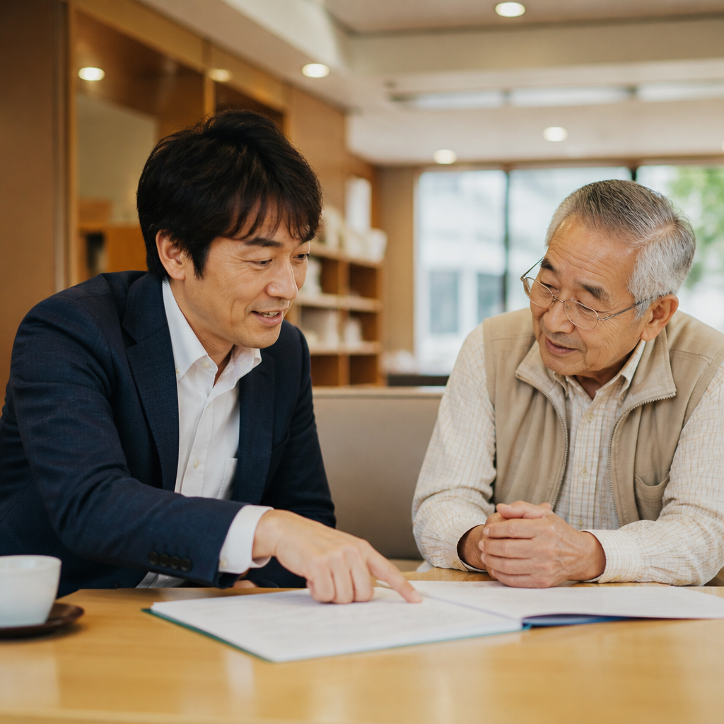 専門家と高齢者が穏やかに書類を確認する様子