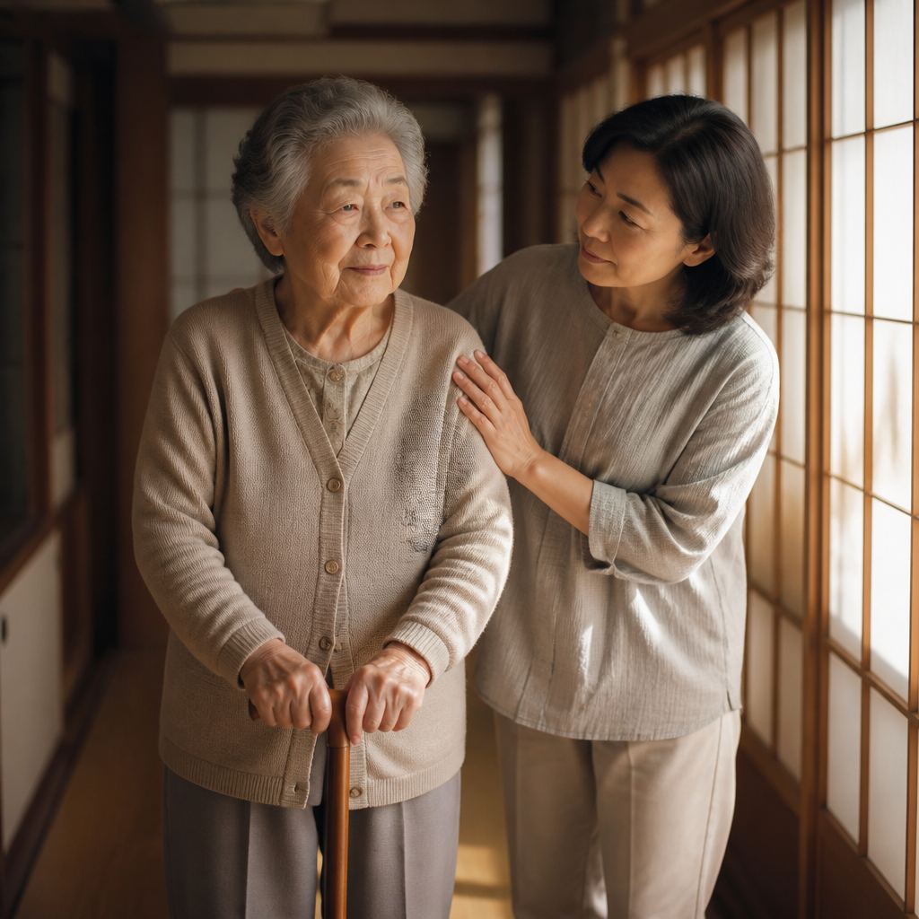 母と娘が廊下で杖を確認しているシーン