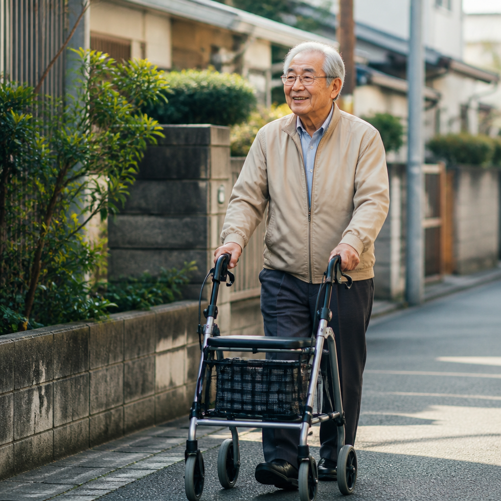 屋外で歩行車を使って散歩する高齢男性