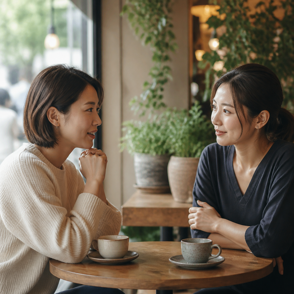カフェで穏やかに話し合う二人の女性