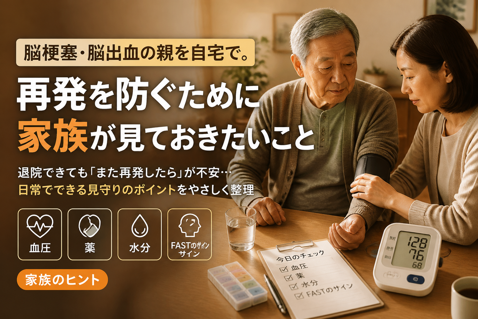 脳梗塞・脳出血の親を自宅で。再発を防ぐために家族が見ること
