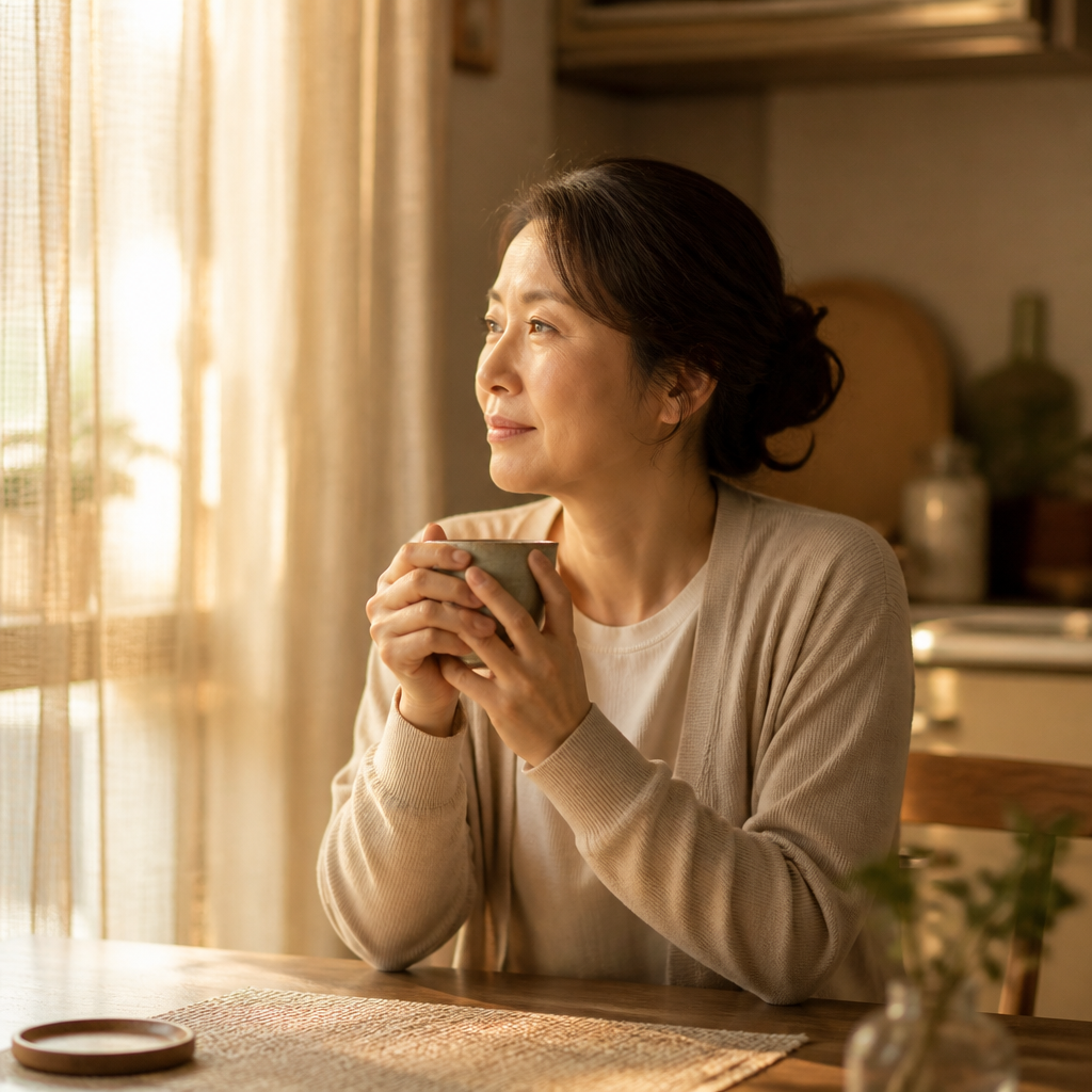 窓辺でお茶を持ち静かに休む女性